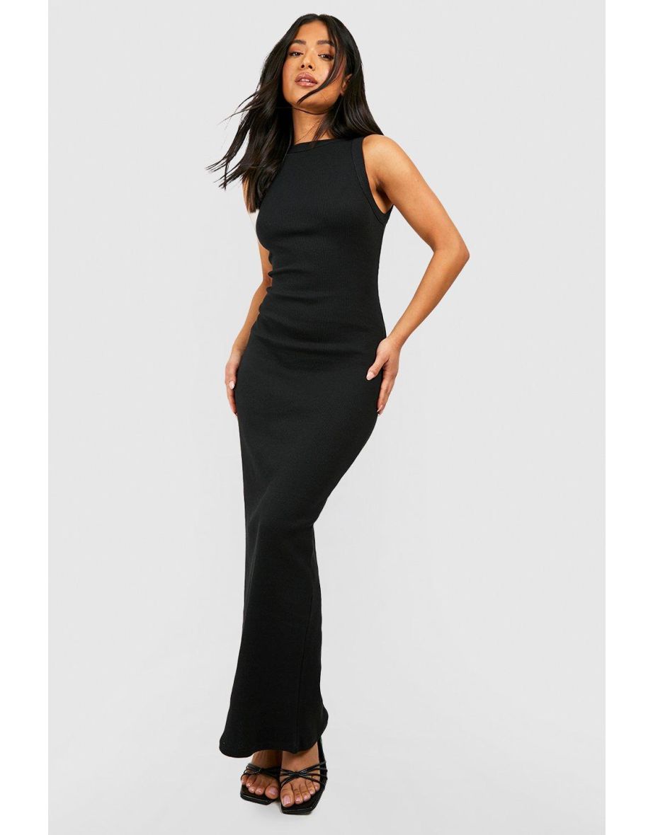 Petite Premium Rib Slash Neck Maxi Dress - black