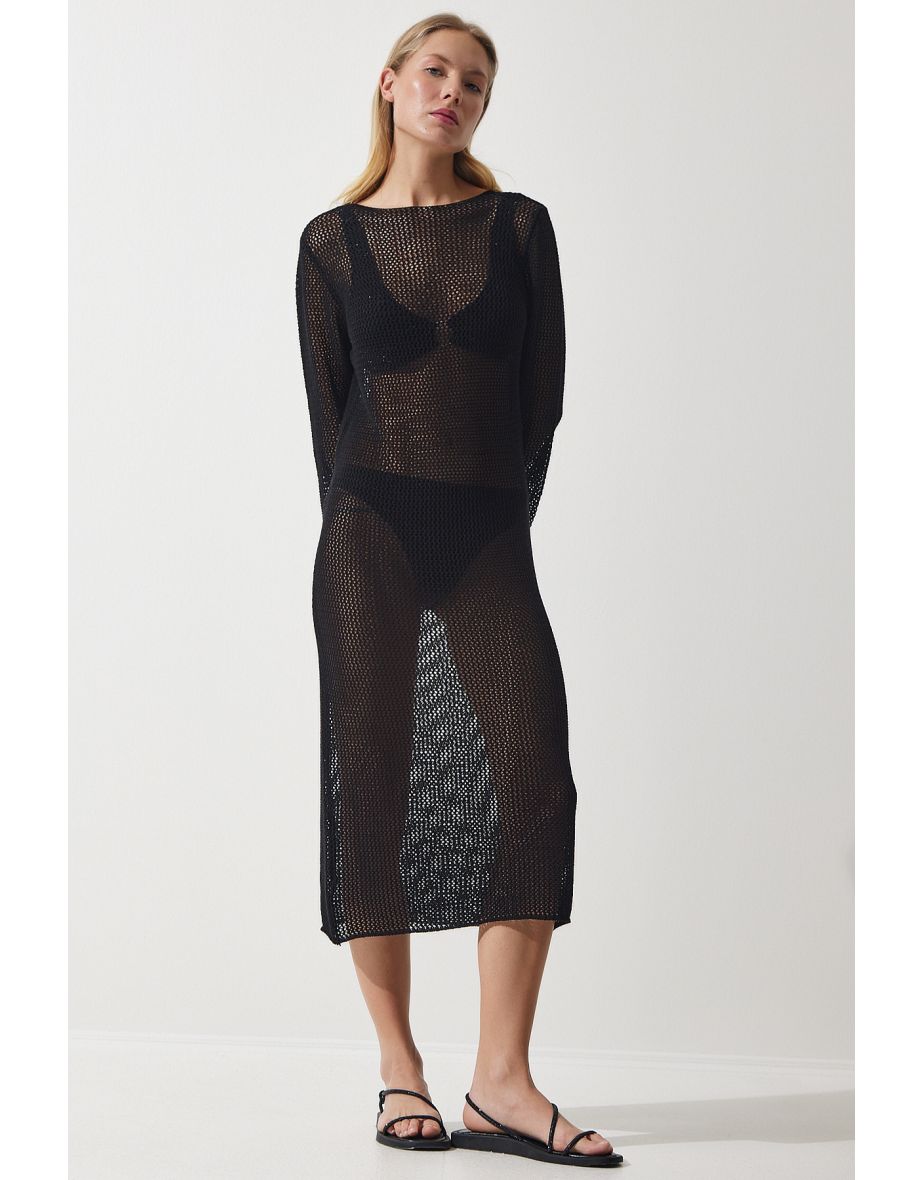 Women's Black Openwork Transparent Long Knitwear Dress