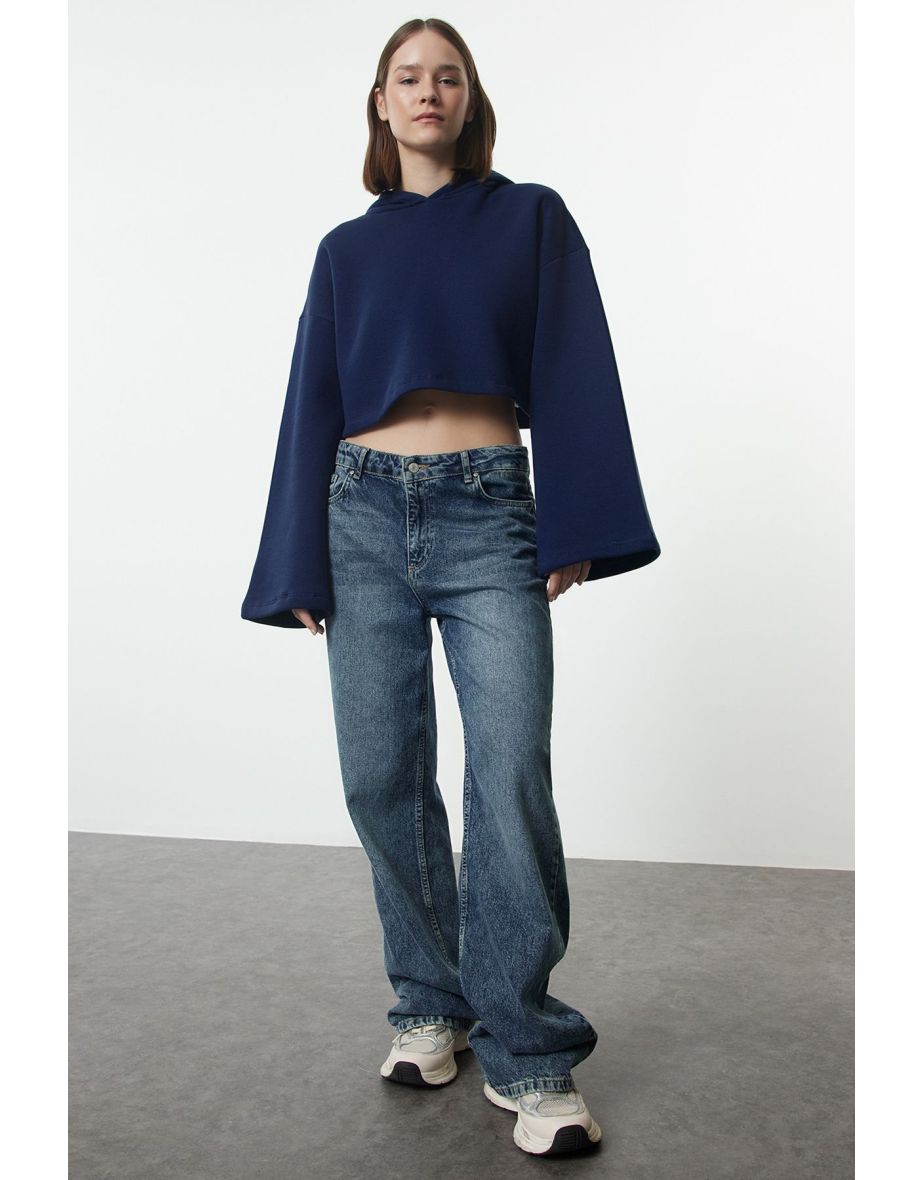 Navy Blue Thick Fleece Inside Relaxed Cut Crop Spanish Sleeve Hooded Knitted Sweatshirt