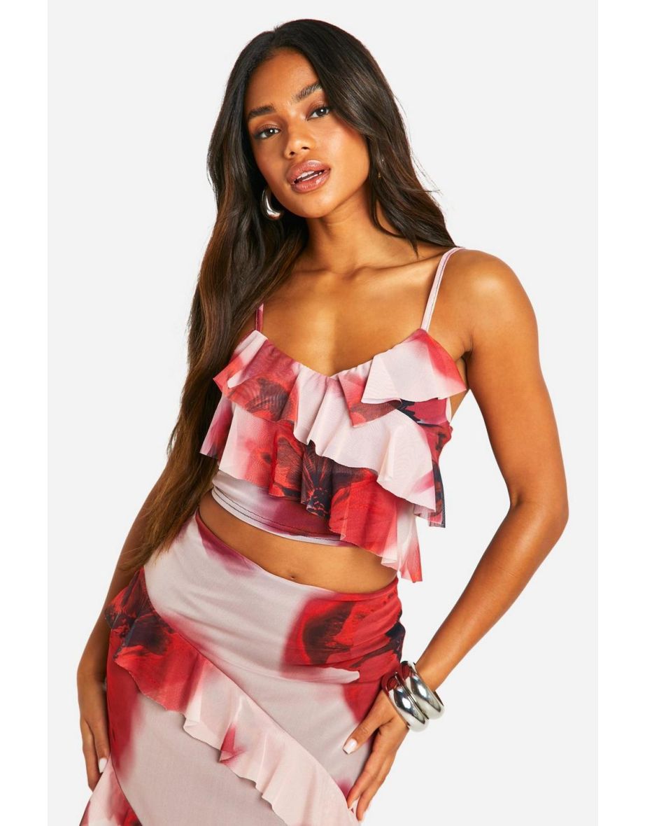 Floral Mesh Ruffle Cami Top