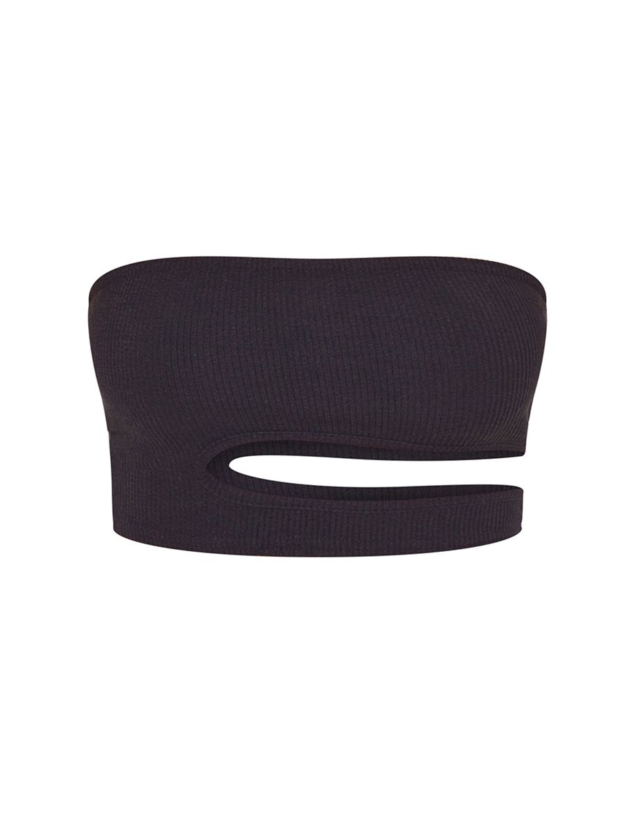 Black Crinkle Rib Cut Out Side Bandeau Crop Top - 4