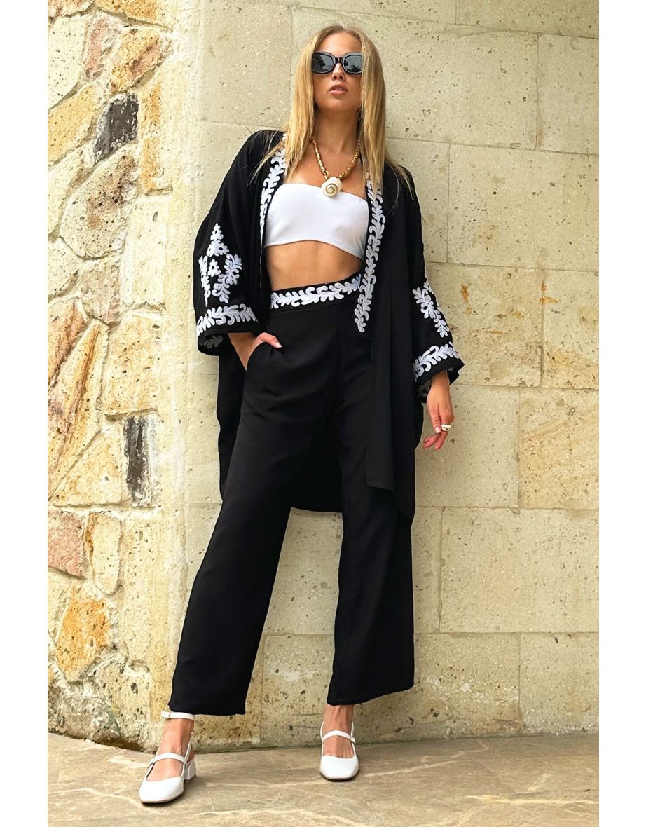 Women's Black Embroidery Detailed Pocketed Trousers and Kimono Jacket Double Set