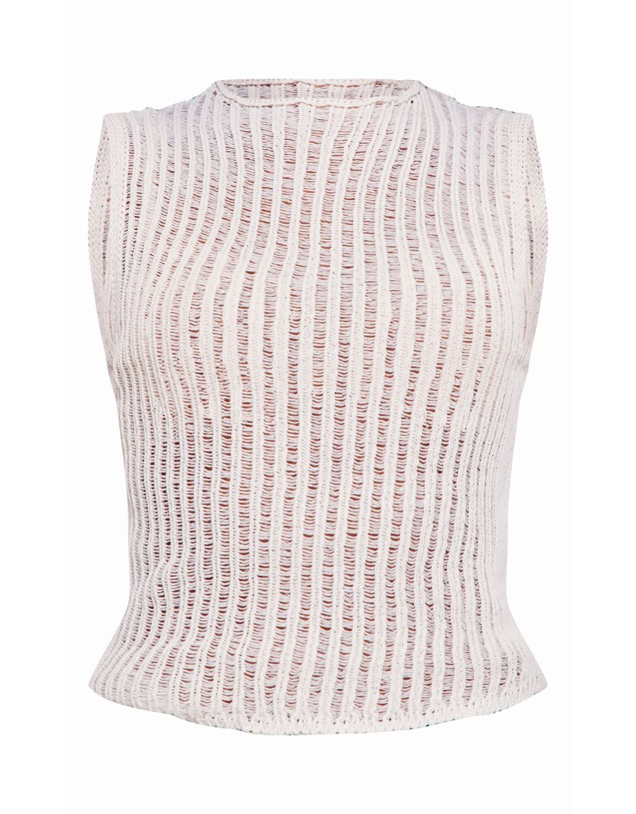 White Sheer Textured Knit Racer Neck Top - 4