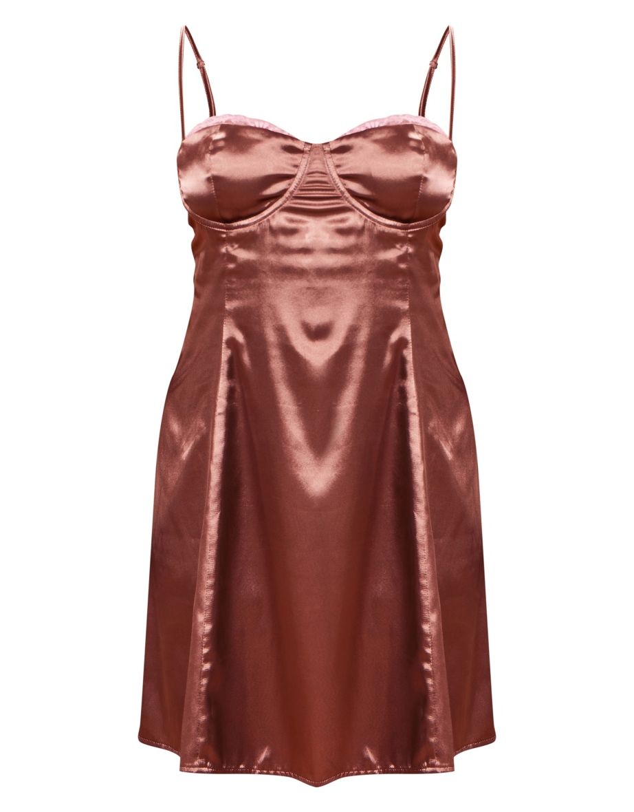 Plus Mocha Satin Contrast Lace Cup Detail Shift Dress - 4