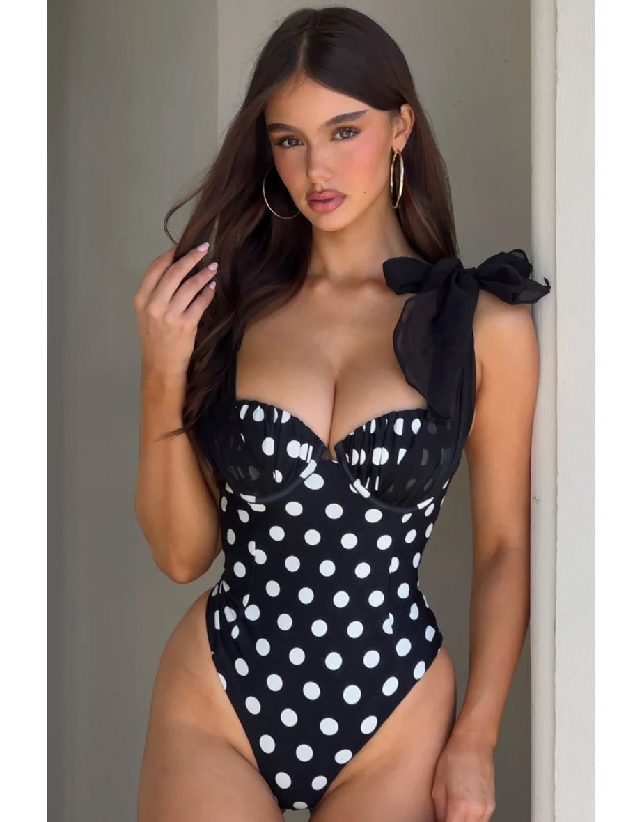 Sheer Bliss | Black Polka Dot Swimsuit With Organza Bows