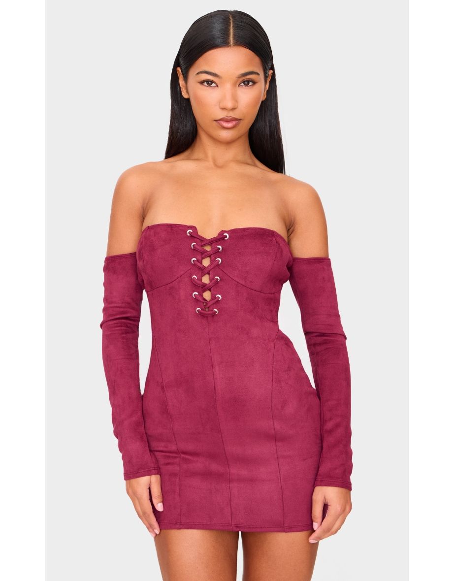 Burgundy Faux Suede Lace Up Detail Bardot Bodycon Dress