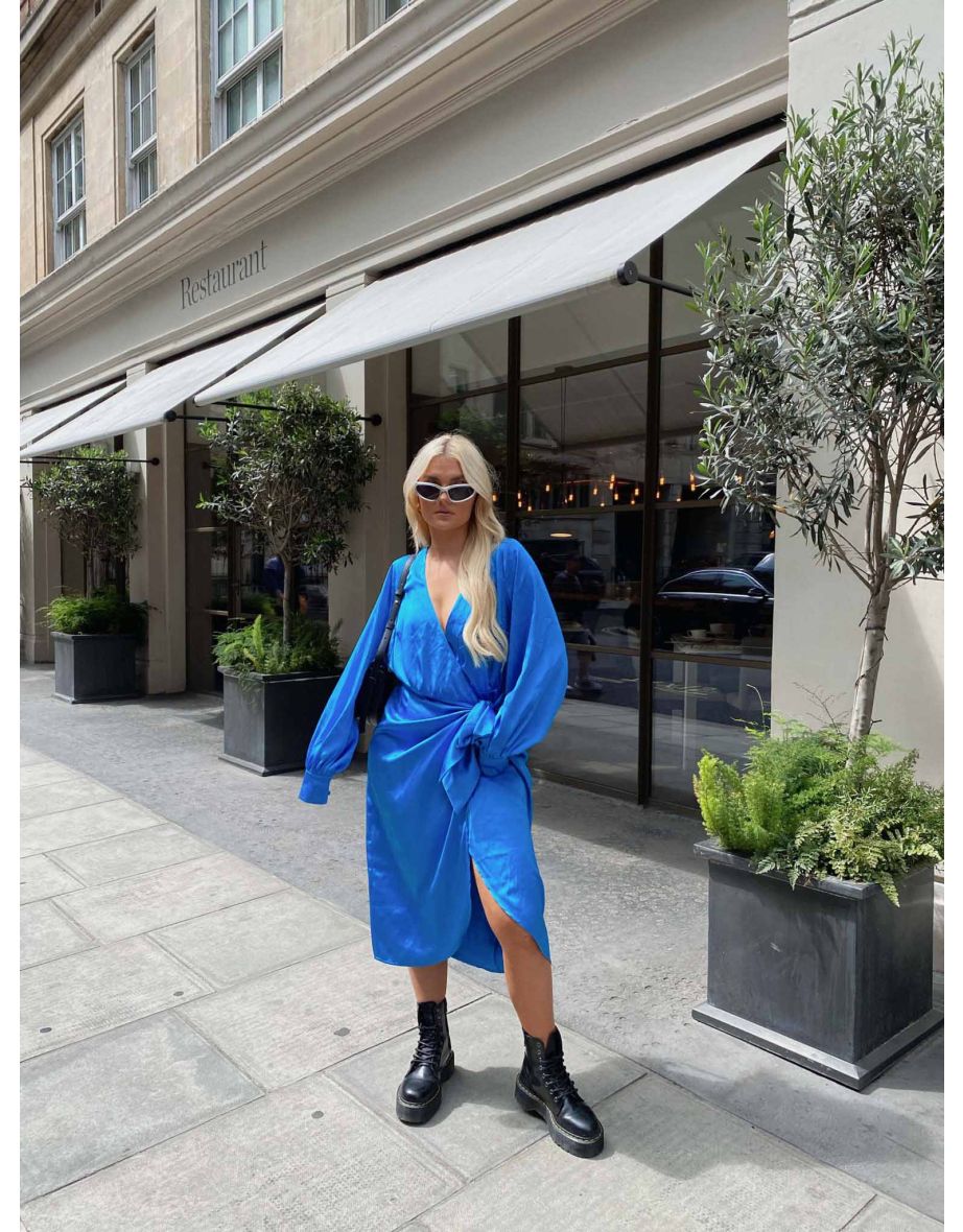 Glamorous Blue Aster Satin Long Sleeve Wrap Dress