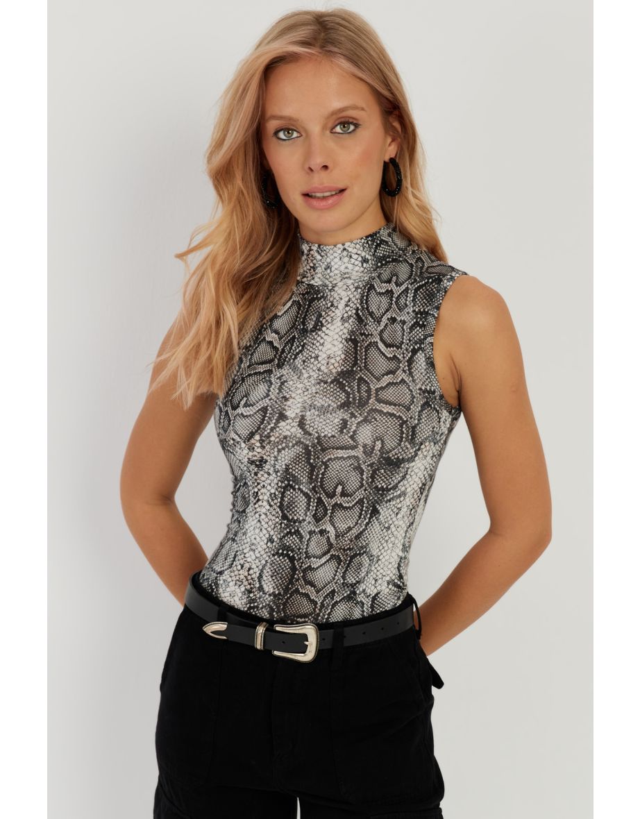 Women's Stone-Black Snake Patterned Sleeveless Blouse