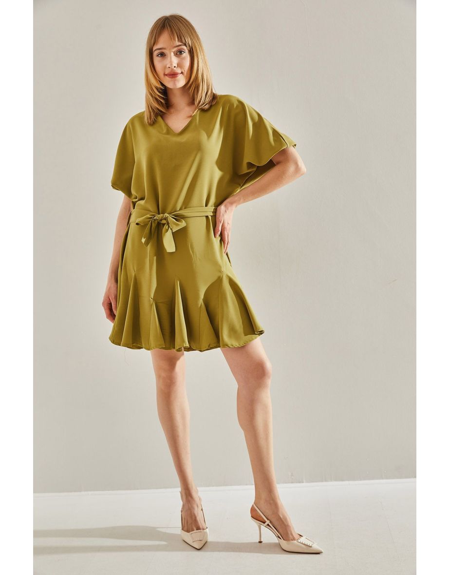 Women's Oil Green Ruffle Detailed V-Neck Belted Dress