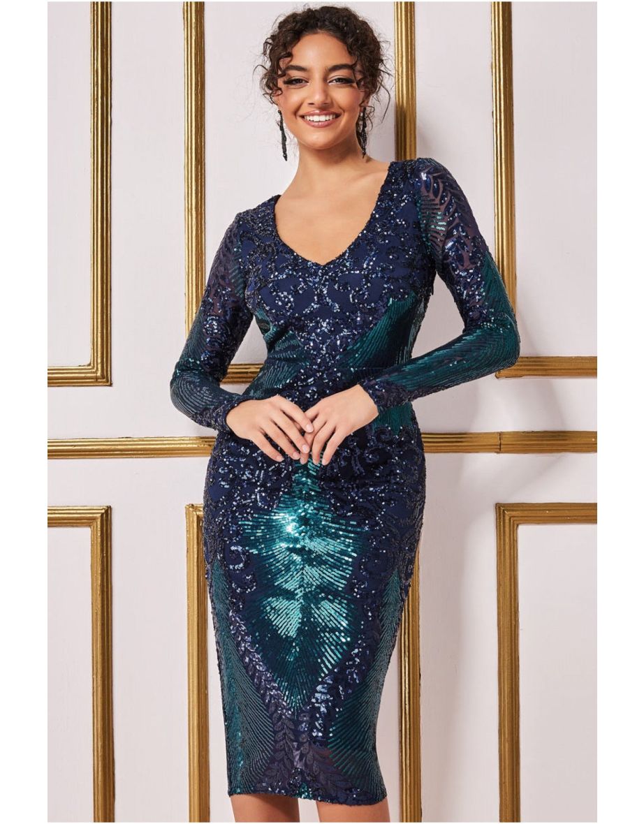 Goddiva Contrast Sequin Long Sleeve Midi Dress - Emerald
