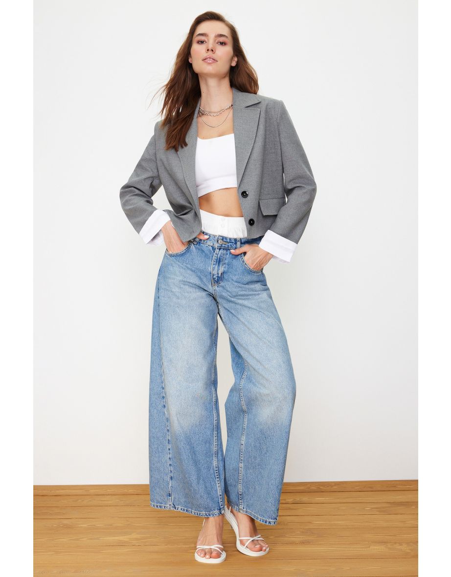 Anthracite Sleeve Cuff Detailed Woven Blazer Jacket