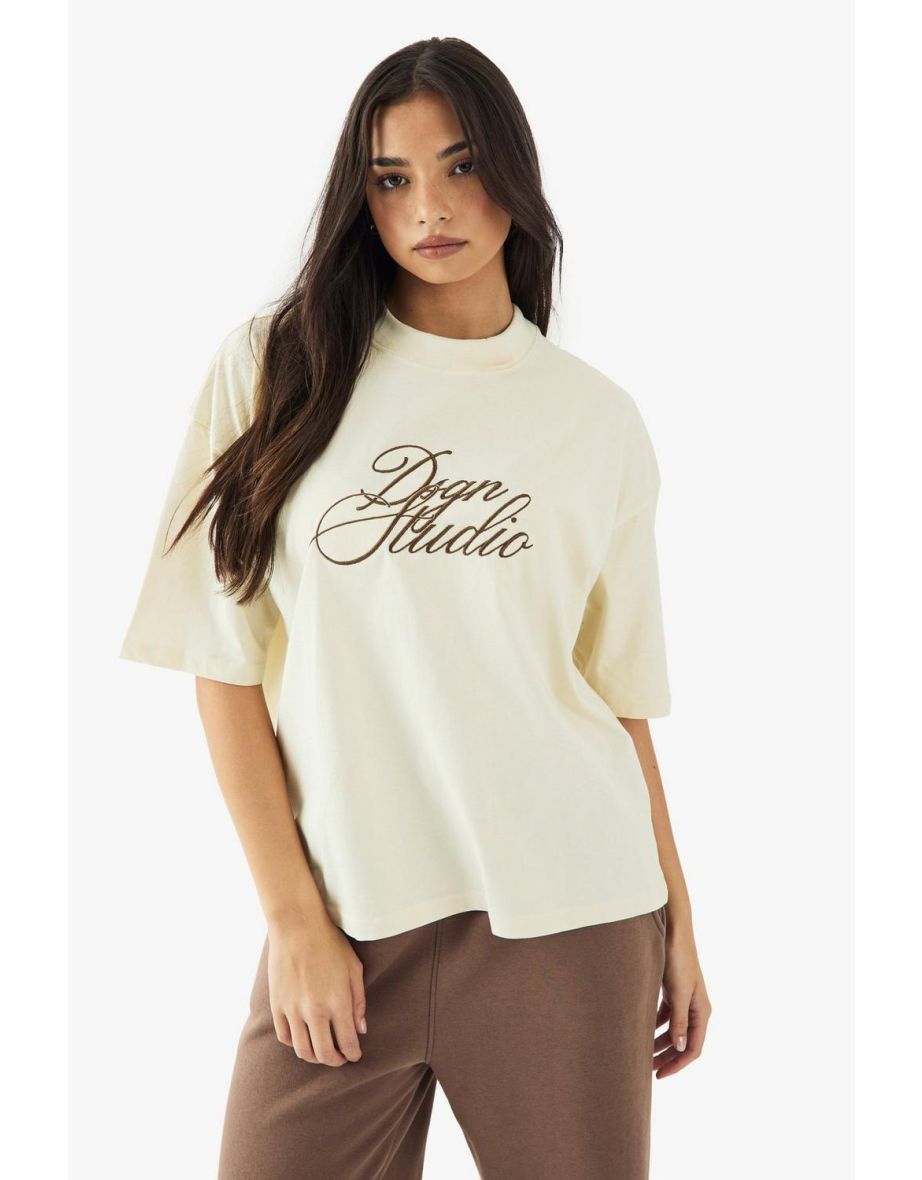 Dsgn Studio Embroidered Script Heavyweight Oversized T-Shirt - ecru