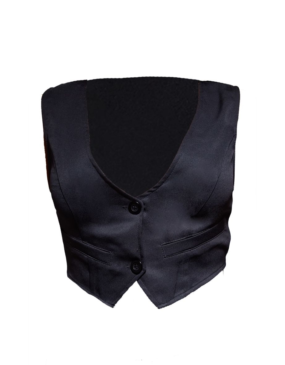 Black Woven Belted Back Detail Suit Waistcoat - 4