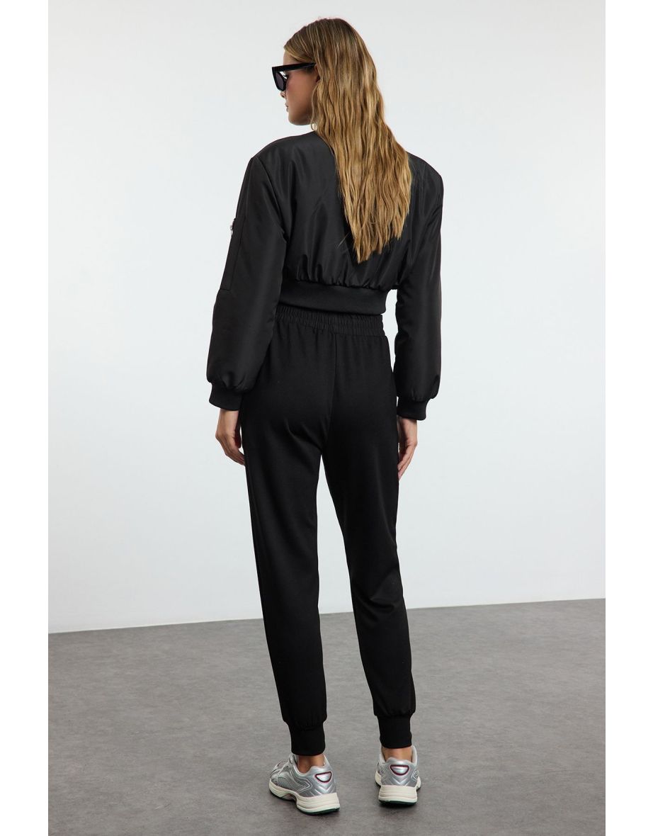 Black Parachute Pocket Detailed Straight Jogger Knitted Sweatpants - 4