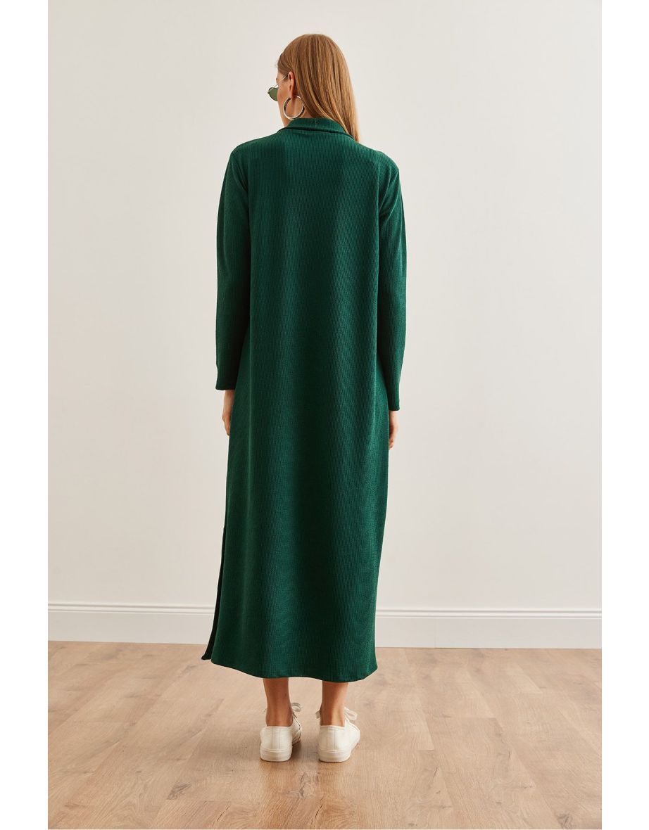 Women's Emerald Green Polo Neck Long Sleeve Slit Burgundy Dress - 4