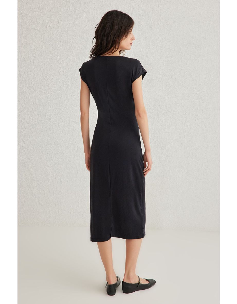 Black Plain Belted Midi Soft Textured Pique Knit Dress - 4