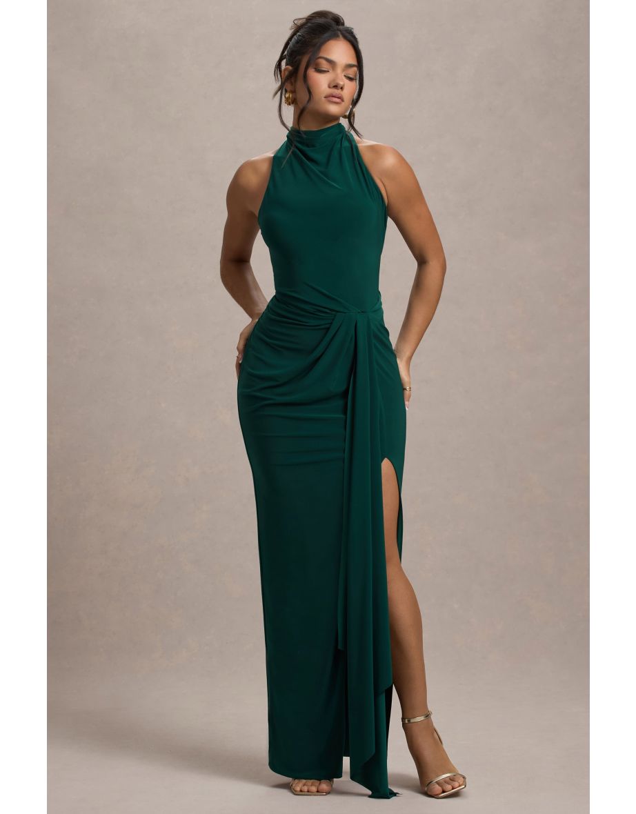 Khari | Bottle Green High-Neck Twisted Dress With Drape