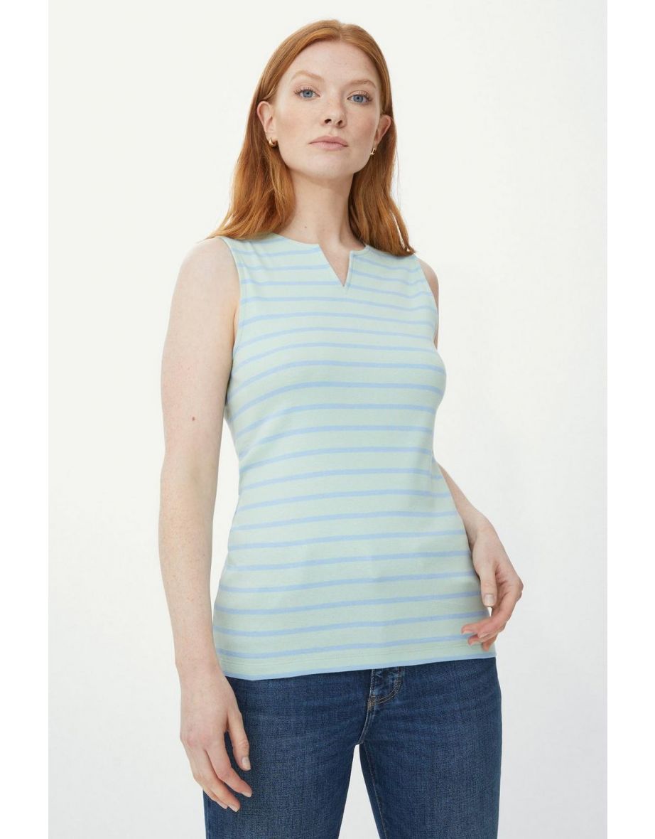Sleeveless Breton Stripe Notch Neck Top - bluebell