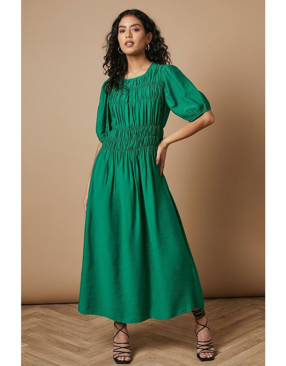 Petite Shirred Bodice Puff Sleeve Midi Dress