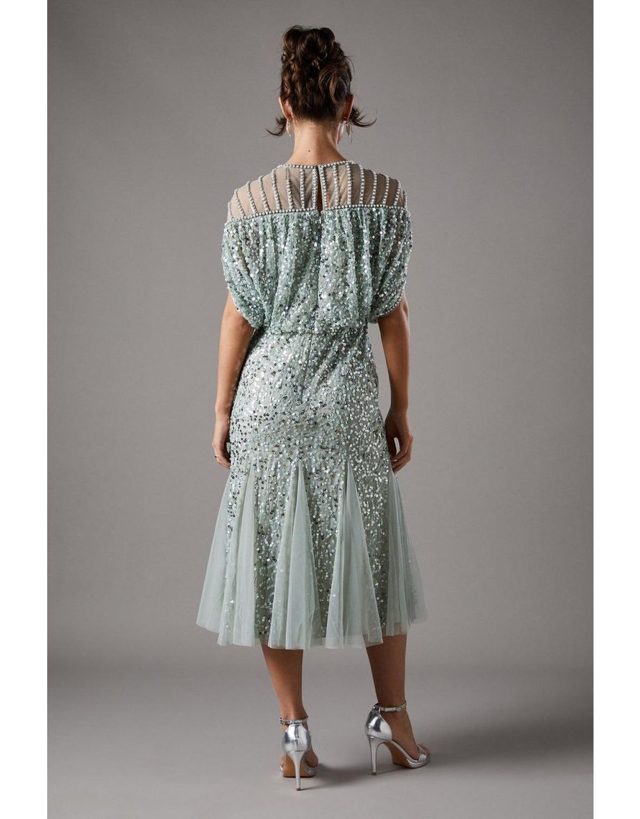 Sequin Embellished Cape Midi Dress - 3