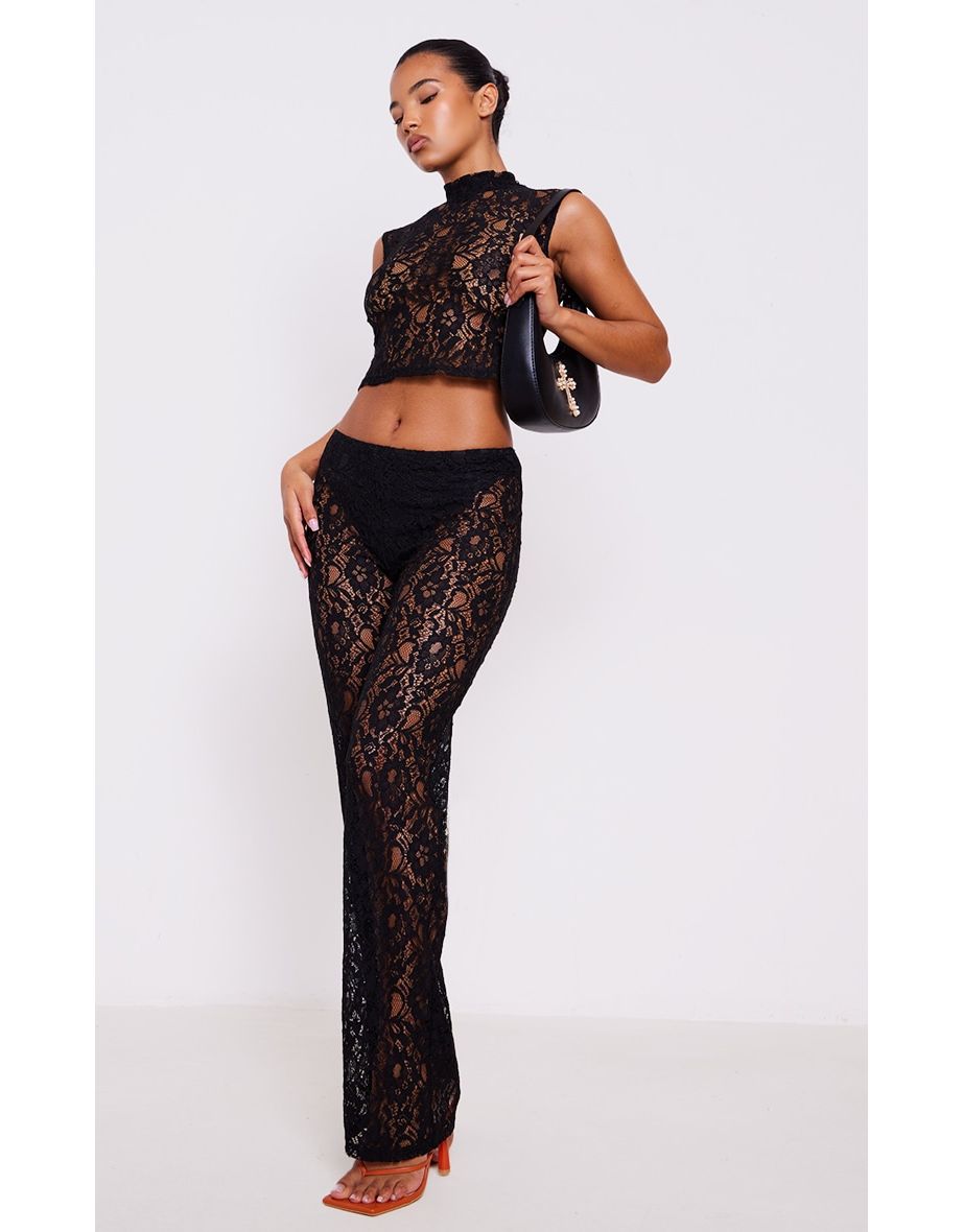Intense Black Sheer Lace High Waisted Flared Trousers