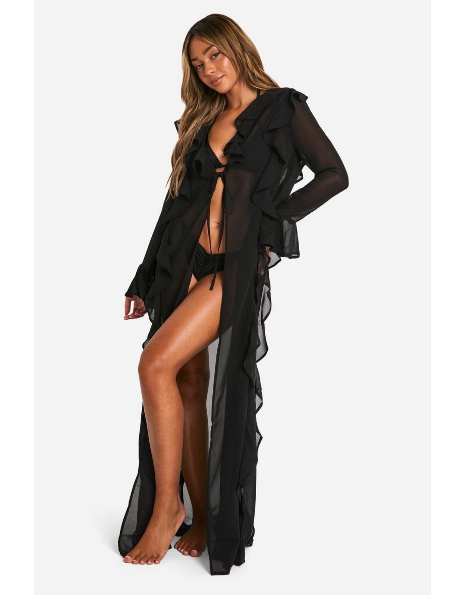 Ruffle Maxi Beach Kimono - black