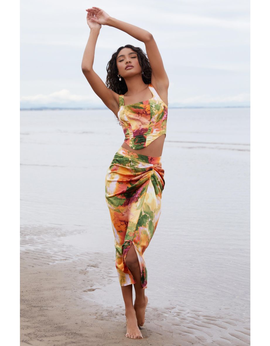 Multicoloured Satin Marble Print Ruched Midi Skirt