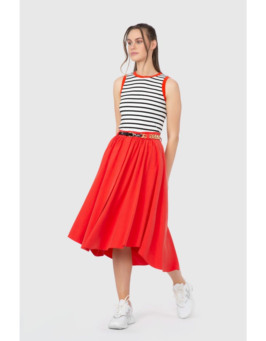 Chain and Leather Belt Detailed Red Skirt