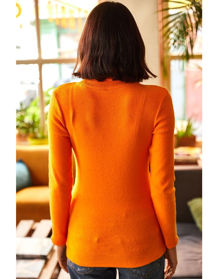 Women's Orange Turtleneck Raised Camisole Sweater - 4