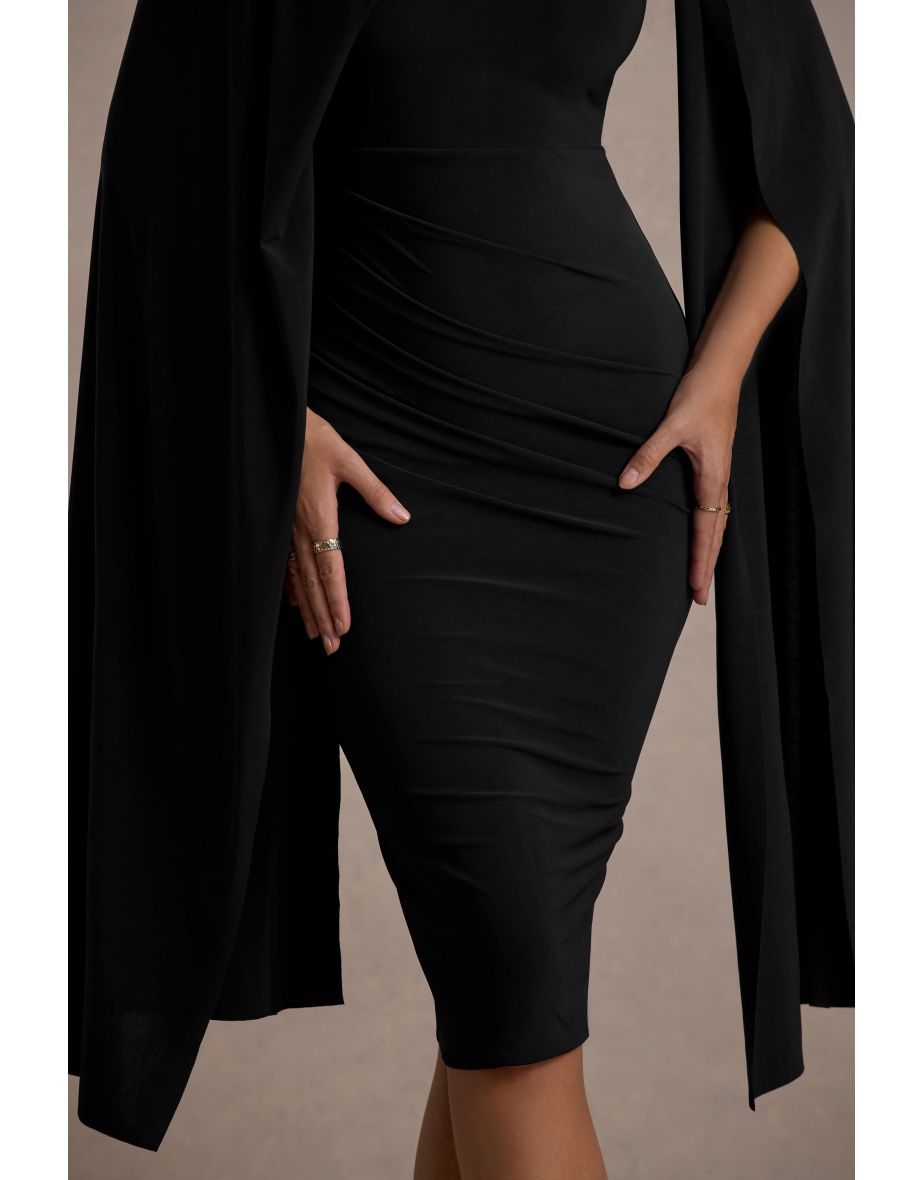 Marysol | Black Asymmetric Cape Midi Dress - 8