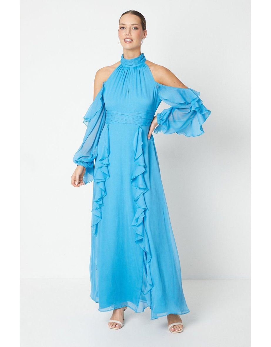 High Neck Open Shoulder Blouson Sleeve Maxi Dress