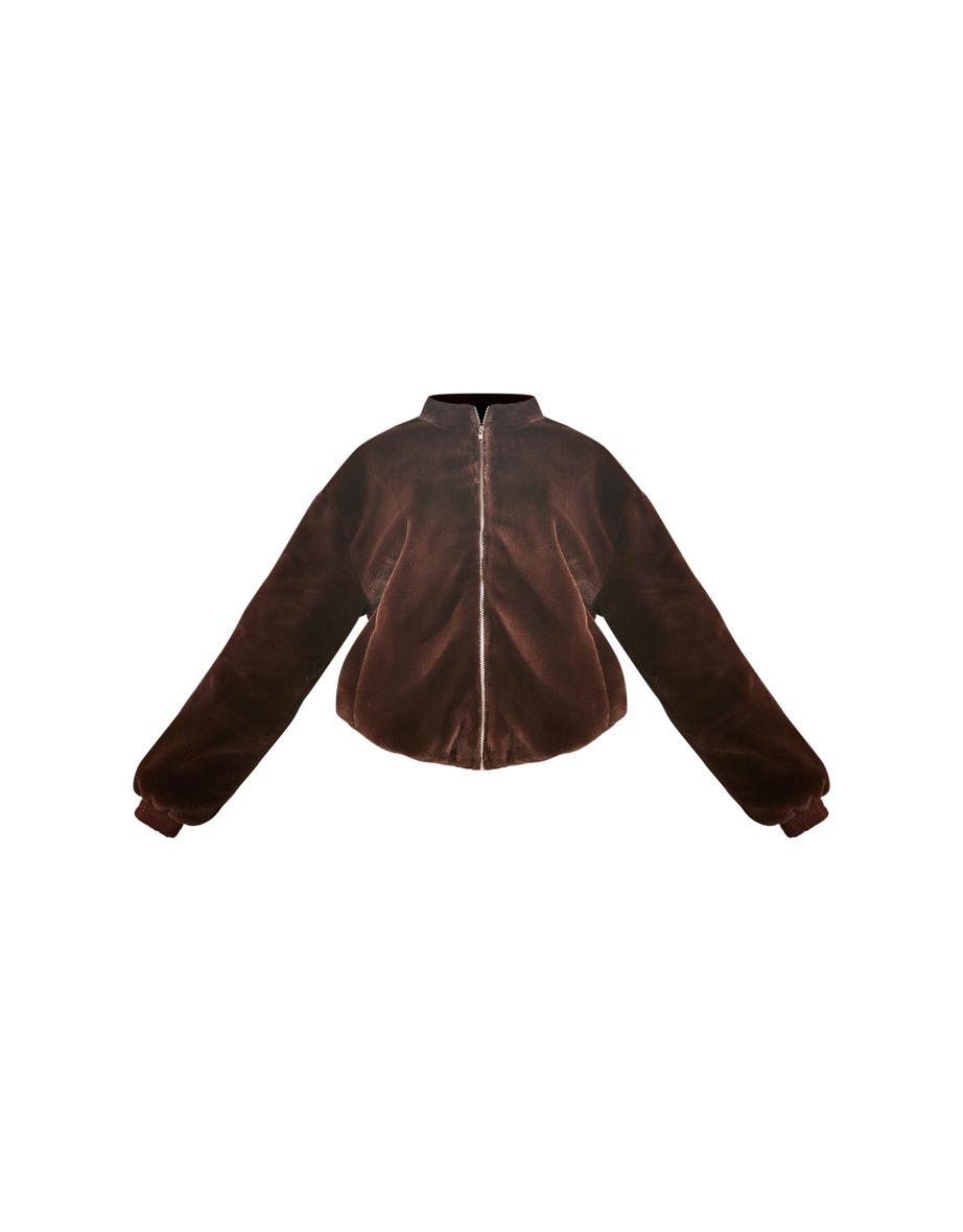 Premium Chocolate Brown Faux Fur Bomber Jacket - 4