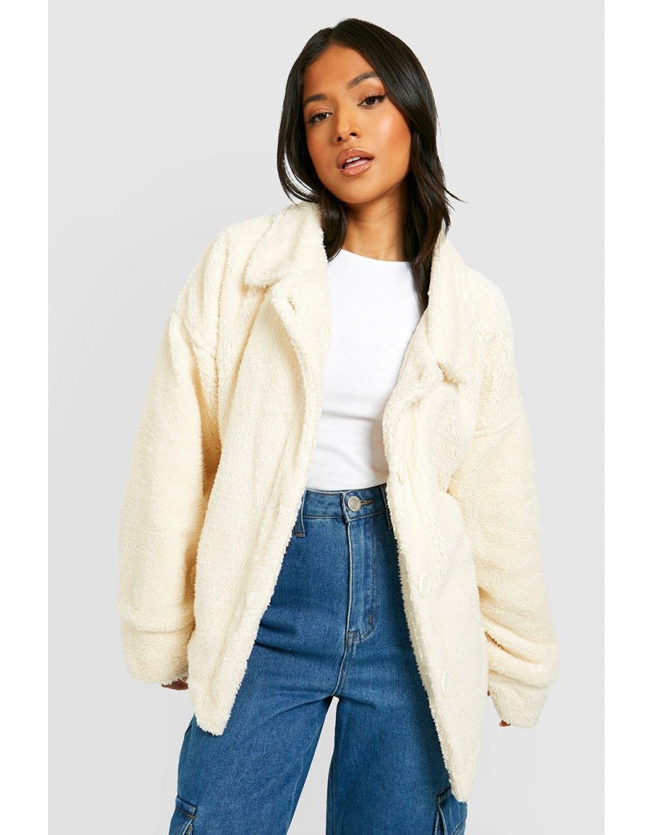 Petite Button Through Teddy Jacket - cream