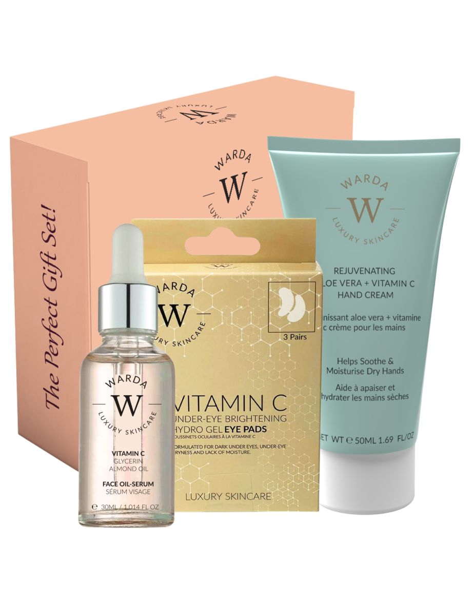 Univeral gift Set : VITAMIN C GLOW BOOST OIL-SERUM 30ml + Warda - VITAMIN C UNDER-EYE BRIGHTENING HYDRO GEL x 3 + Rejuvenating Aloe Vera+ Vitamin C Hand Cream 50ml - 2