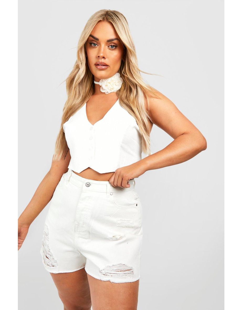 Plus Ripped Hem Denim Shorts - white