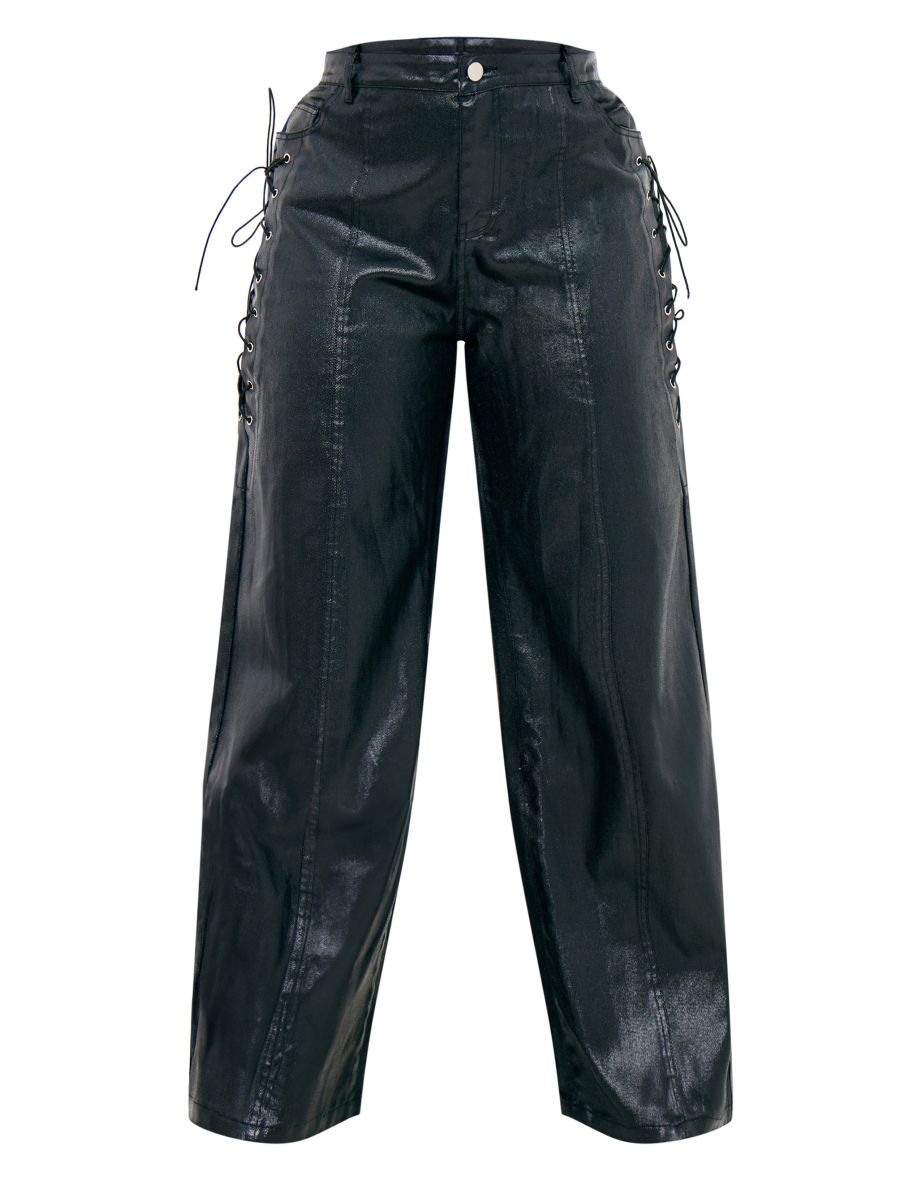 Plus Black Coated Denim Lace Up Wide Leg Jeans - 4