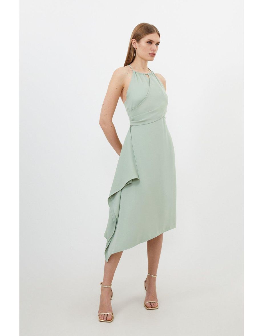 Soft Tailored Draped Wrap Halter Tie Neck Midi Dress