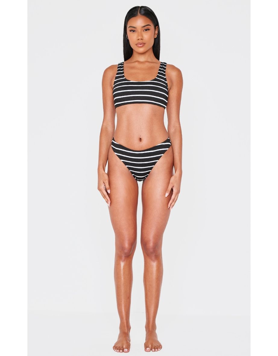 Black Striped Crinkle Tanga Bikini Bottoms