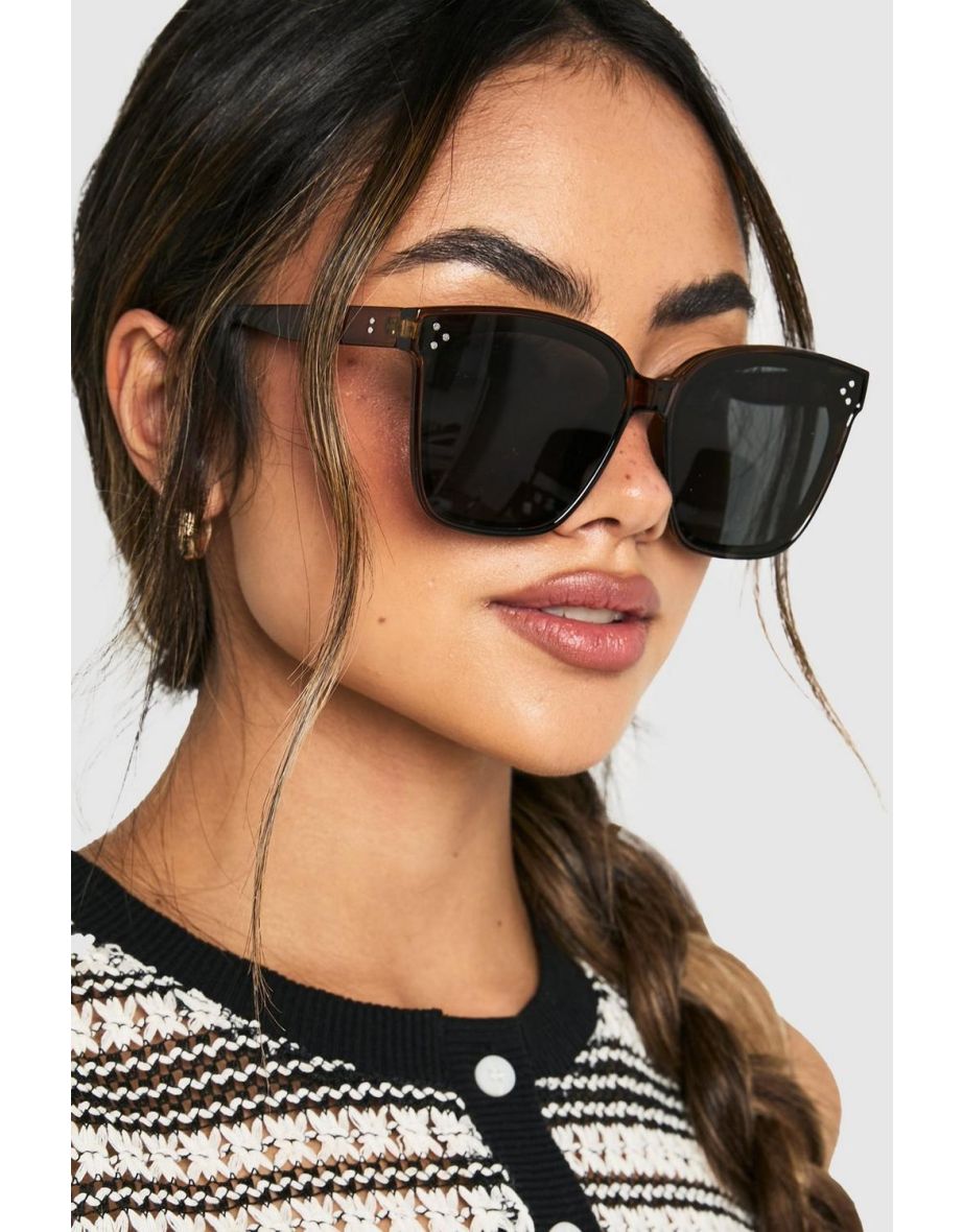 Brown Frame Oversized Retro Sunglasses - black