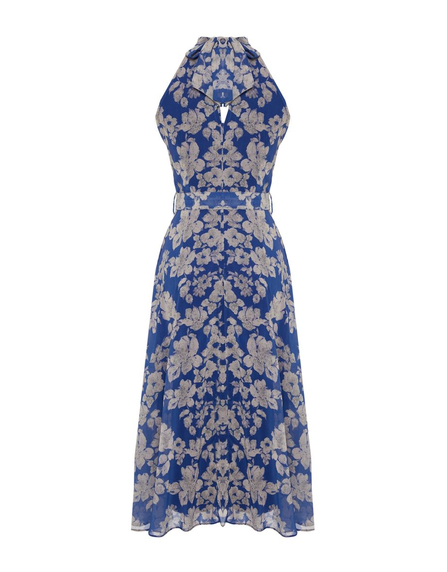Navy Blue Belted A-Line Midaxi Woven Lined Floral Patterned Dress - 7