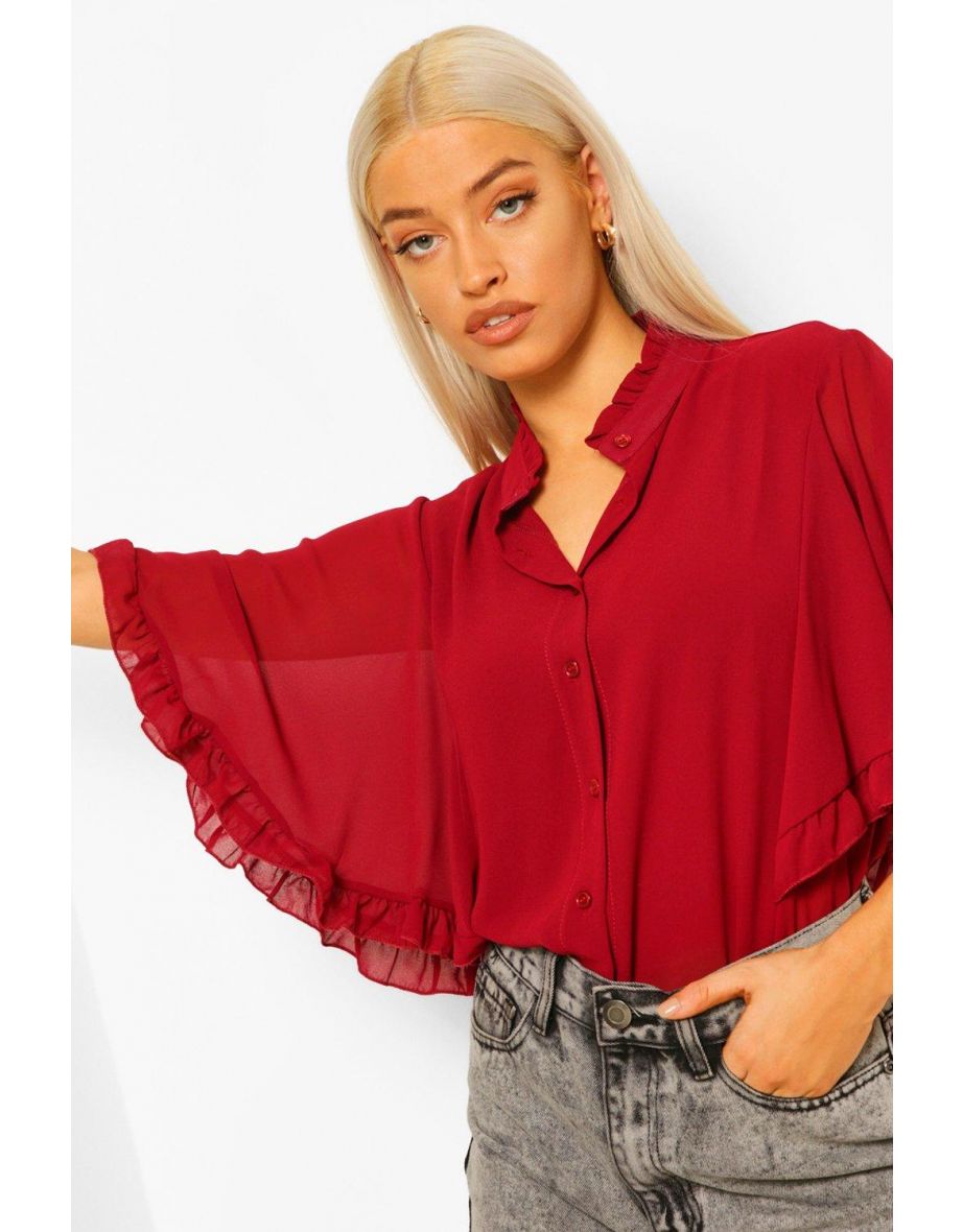 Woven Ruffle angel Sleeve Blouse - red - 3