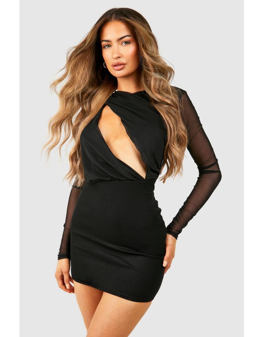 Mesh Cut Out Ruched Mini Dress - black
