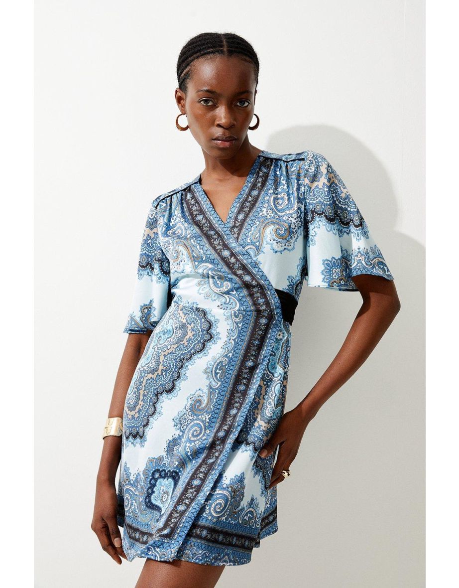 Scarf Printed Hammered Satin Woven Wrap Mini Dress - 2