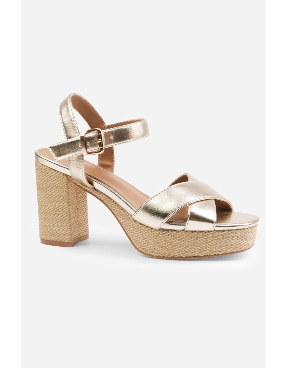 VOLUME  PLATFORM BLOCK HIGH HEELS WITH CROSS OVER STRAPS IN GOLD METALLIC - 2
