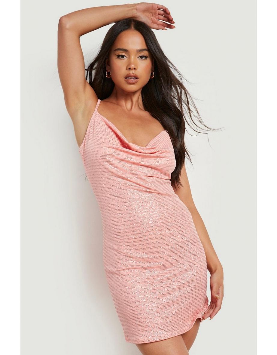 Petite Glitter Cowl Neck Mini Dress - coral - 3