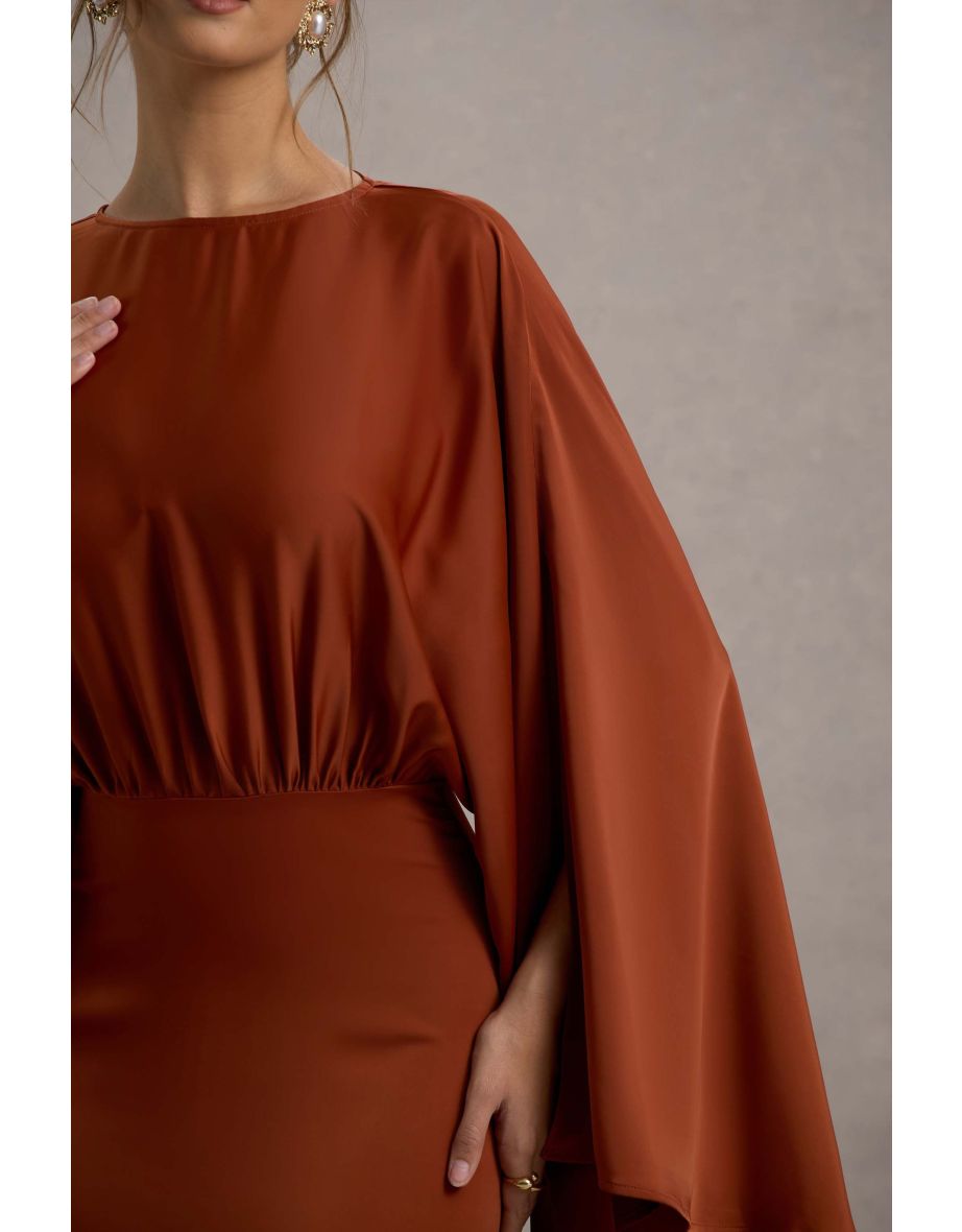 Zuzanna | Rust Draped Maxi Dress With Cape Sleeves - 5