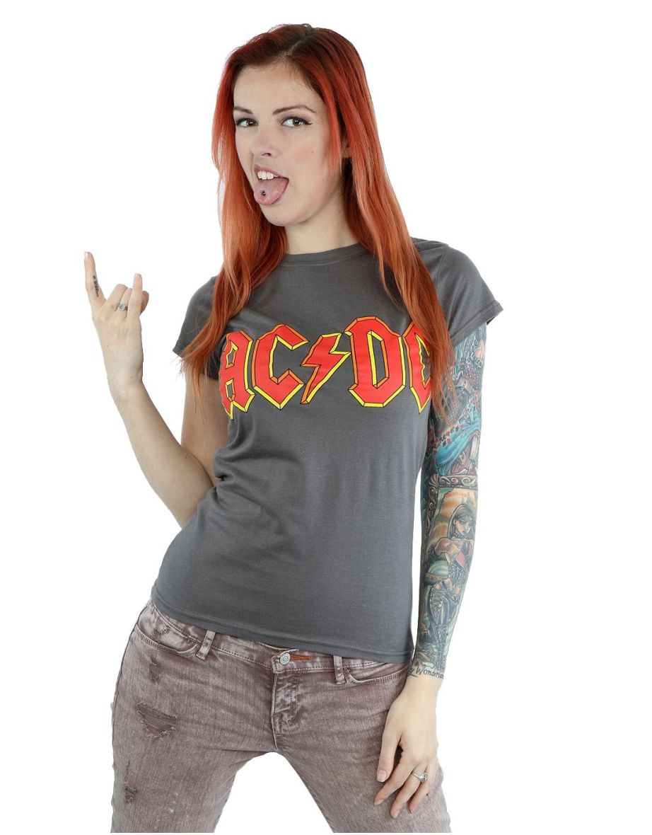 AC/DC Womens/Ladies Red Logo Cotton T-Shirt - Charcoal