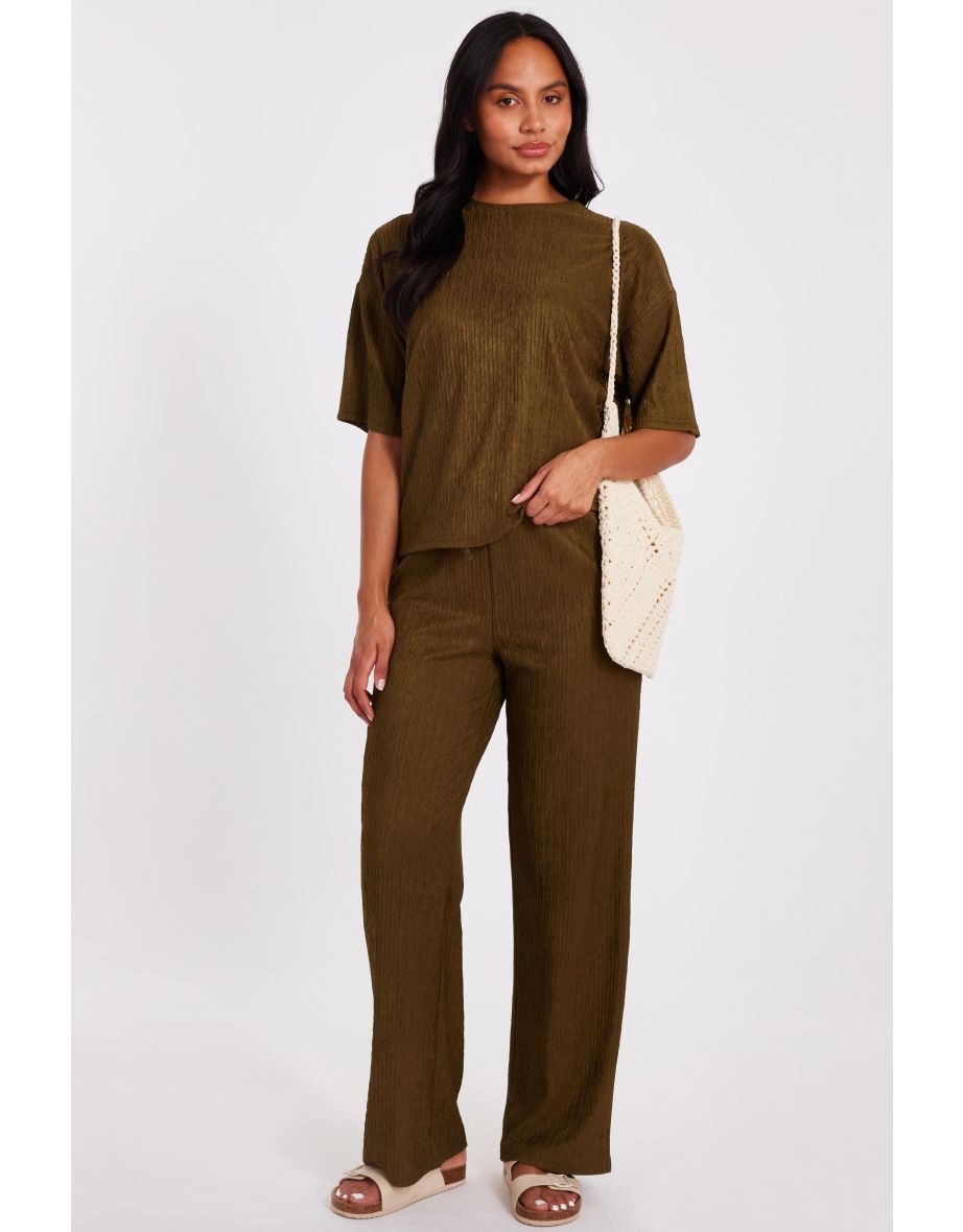 Khaki Textured Palazzo Trousers
