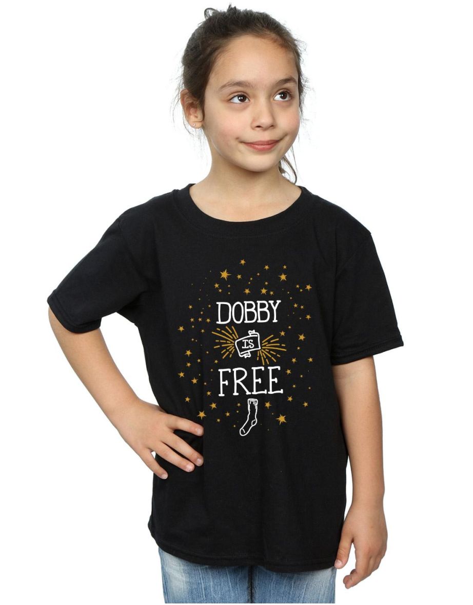 Harry Potter Girls Dobby Is Free Cotton T-Shirt - Black