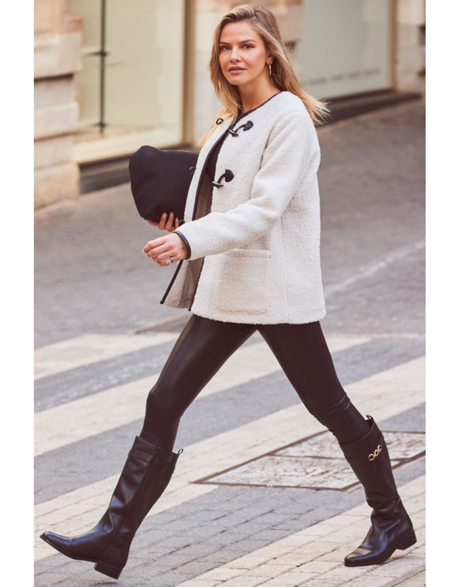 Cream Collarless Super Cosy Borg Coat With Faux Leather Toggle - 4